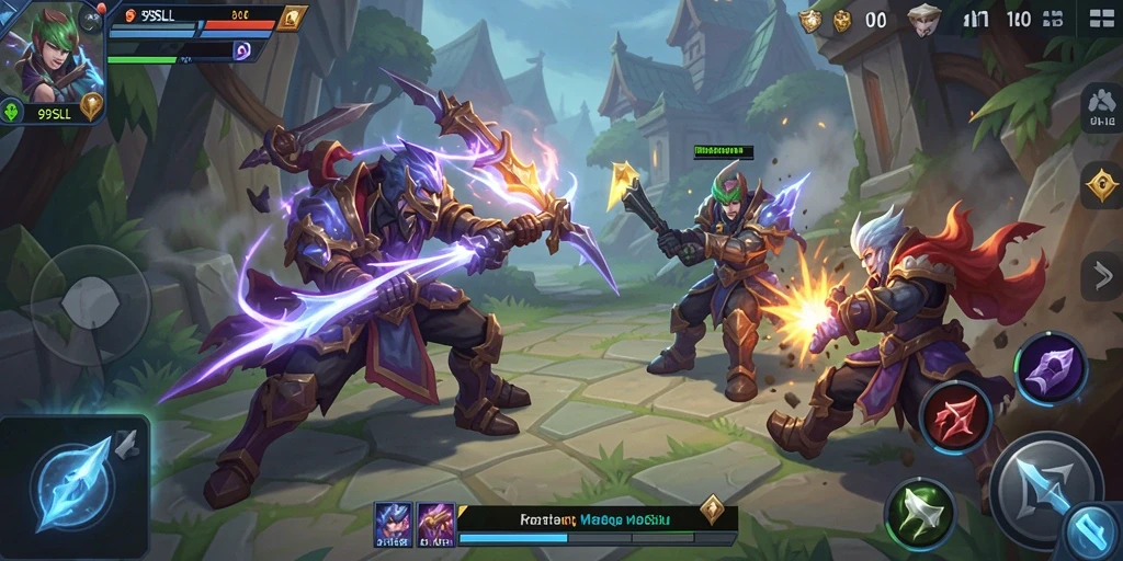 Screenshot utama 99SLL menampilkan aksi seru dalam pertarungan MOBA.