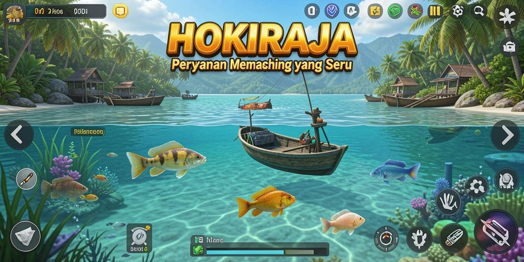 Tampilan gameplay HOKIRAJA yang menampilkan momen memancing yang seru.