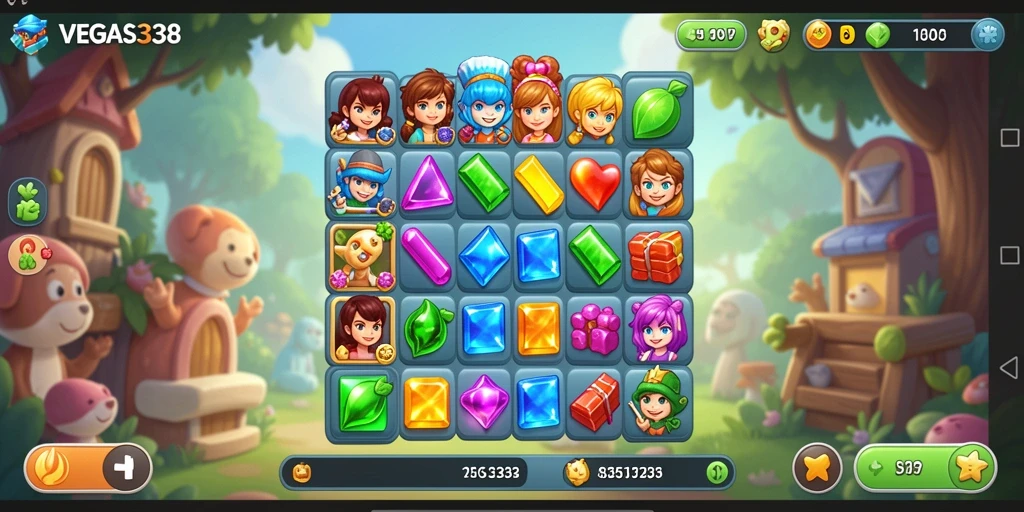 Screenshot gameplay VEGAS338 menampilkan kombinasi permata yang memukau.
