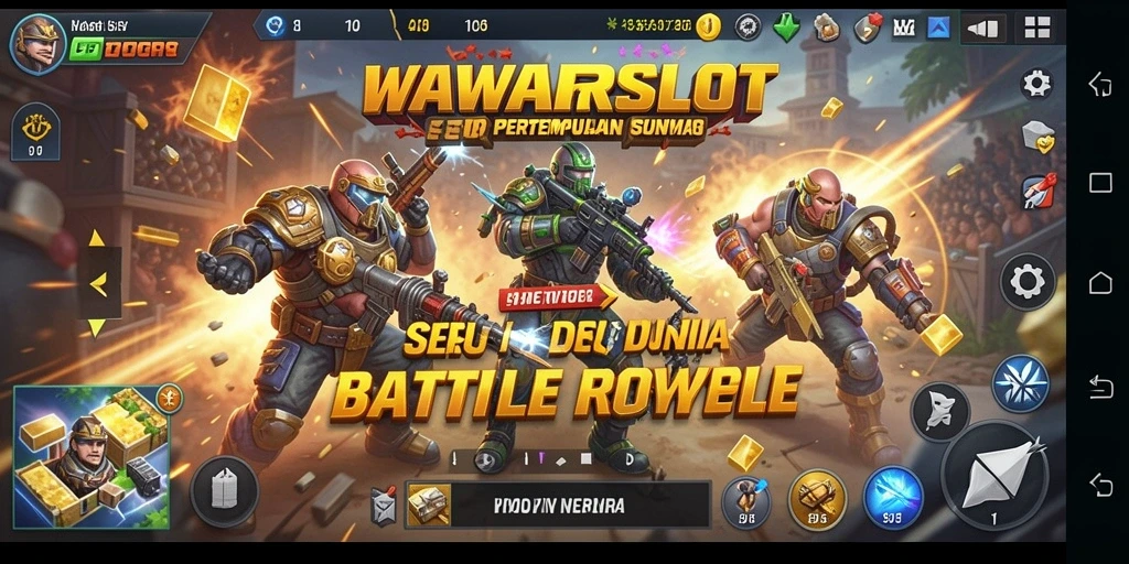 Screenshot utama WAWARSLOT menampilkan aksi pertempuran intens di arena.